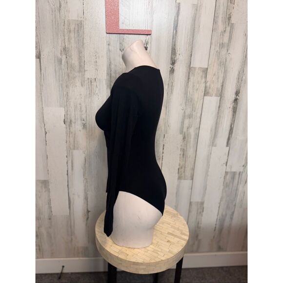 Forever 21 Black Long Sleeve Deep V Bodysuit Women’s Size L | Stretchy Knit One- - Picture 3 of 6